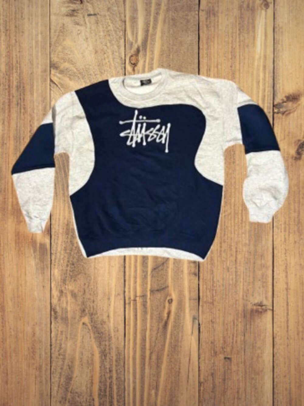 Stussy Navy and Light Gray Colorblock Crewneck Sweatshirt